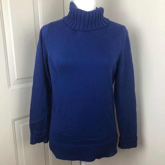 Medium LOFT Blue Chunky Cotton Turtleneck Sweater - Picture 1 of 7